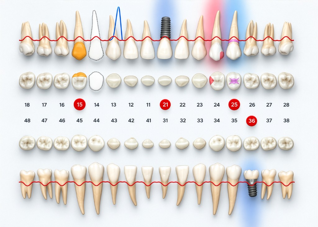Schéma dentaire BeYouClinic : arcades supérieure et inférieure, dents 15, 21, 25 et 36 marquées